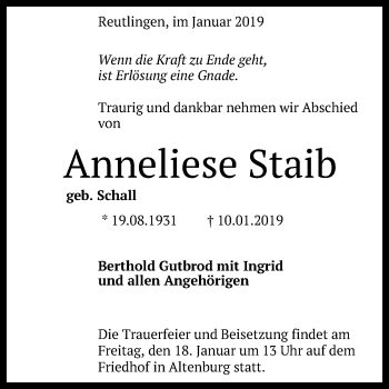 Anzeige von Anneliese Staib von Reutlinger General-Anzeiger