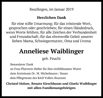 Anzeige von Anneliese Waiblinger von Reutlinger General-Anzeiger
