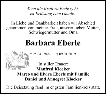 Anzeige von Barbara Eberle von Reutlinger General-Anzeiger