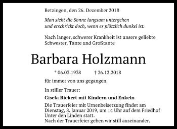 Anzeige von Barbara Holzmann von Reutlinger General-Anzeiger