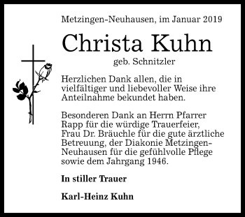 Anzeige von Christa Kuhn von Reutlinger General-Anzeiger