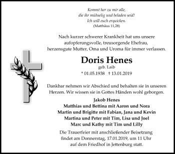 Anzeige von Doris Henes von Reutlinger General-Anzeiger