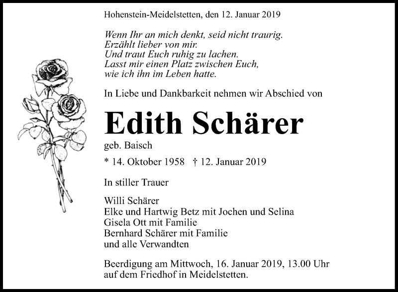  Traueranzeige für Edith Schärer vom 14.01.2019 aus Reutlinger General-Anzeiger
