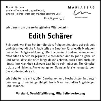 Anzeige von Edith Schärer von Reutlinger General-Anzeiger