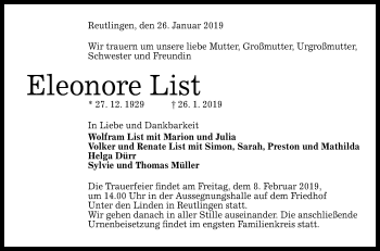 Anzeige von Eleonore List von Reutlinger General-Anzeiger