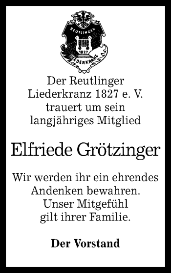 Anzeige von Elfriede Grötzinger von Reutlinger General-Anzeiger