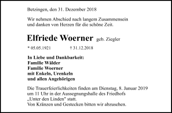 Anzeige von Elfriede Woerner von Reutlinger General-Anzeiger