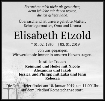 Anzeige von Elisabeth Etzold von Reutlinger General-Anzeiger