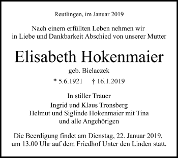 Anzeige von Elisabeth Hokenmaier von Reutlinger General-Anzeiger