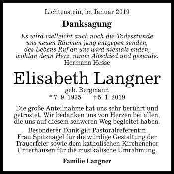 Anzeige von Elisabeth Langner von Reutlinger General-Anzeiger