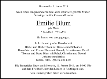 Anzeige von Emilie Blum von Reutlinger General-Anzeiger