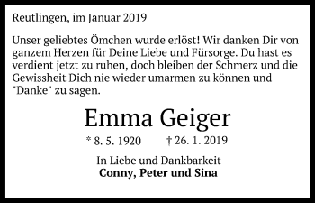 Anzeige von Emma Geiger von Reutlinger General-Anzeiger