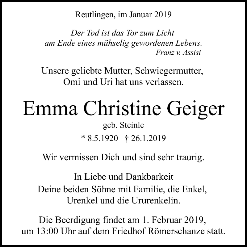  Traueranzeige für Emma Christine Geiger vom 30.01.2019 aus Reutlinger General-Anzeiger