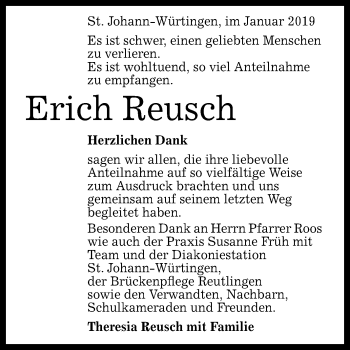 Anzeige von Erich Reusch von Reutlinger General-Anzeiger