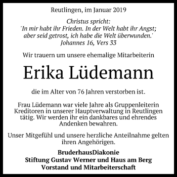 Anzeige von Erika Lüdemann von Reutlinger General-Anzeiger