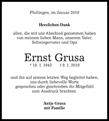 Anzeige von Ernst Grusa von Reutlinger General-Anzeiger