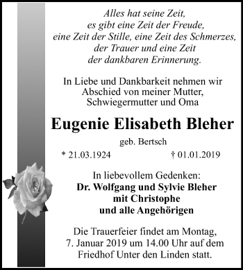 Anzeige von Eugenie Elisabeth Bleher von Reutlinger General-Anzeiger