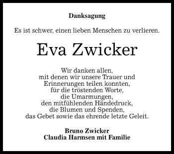 Anzeige von Eva Zwicker von Reutlinger General-Anzeiger