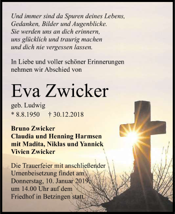 Anzeige von Eva Zwicker von Reutlinger General-Anzeiger