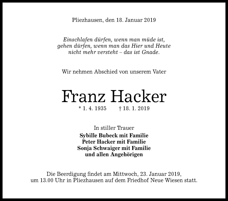  Traueranzeige für Franz Hacker vom 21.01.2019 aus Reutlinger General-Anzeiger