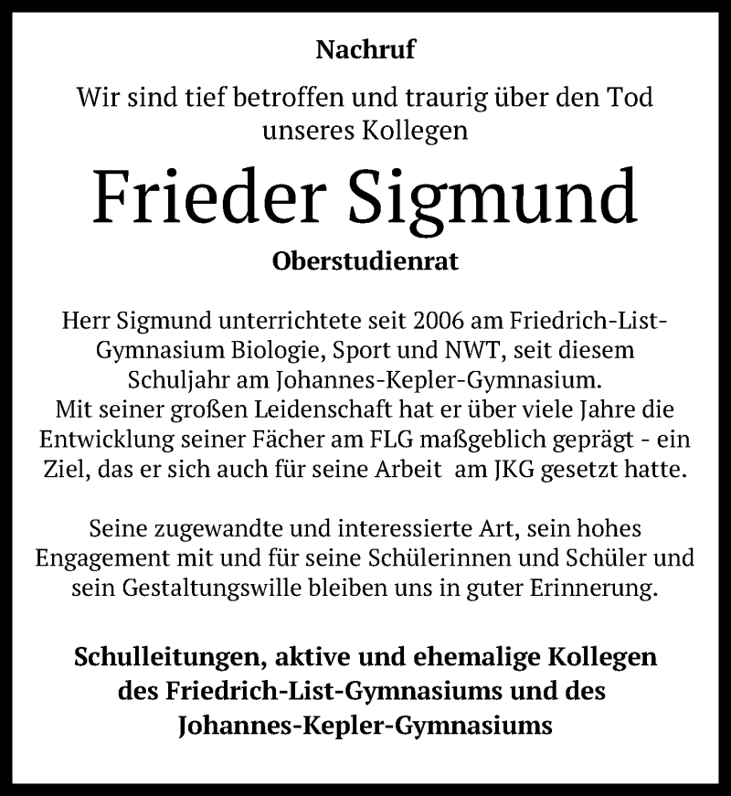  Traueranzeige für Frieder Sigmund vom 11.01.2019 aus Reutlinger General-Anzeiger