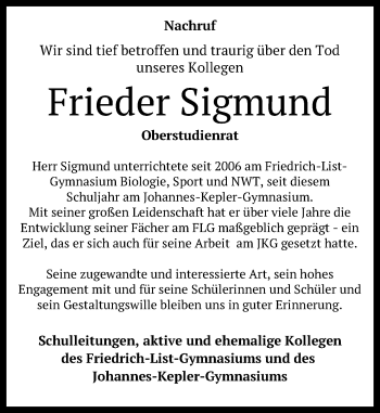 Anzeige von Frieder Sigmund von Reutlinger General-Anzeiger