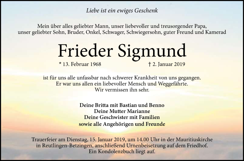  Traueranzeige für Frieder Sigmund vom 11.01.2019 aus Reutlinger General-Anzeiger