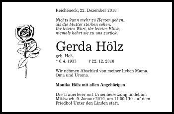 Anzeige von Gerda Hölz von Reutlinger General-Anzeiger