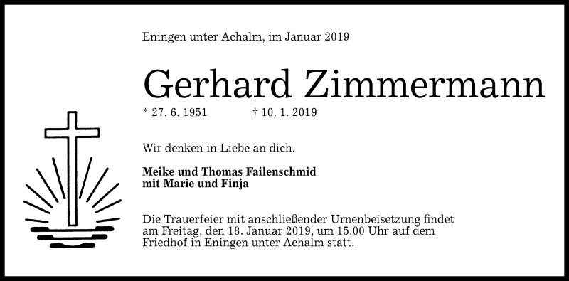  Traueranzeige für Gerhard Zimmermann vom 15.01.2019 aus Reutlinger General-Anzeiger