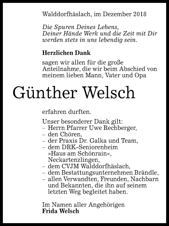 Anzeige von Günther Welsch von Reutlinger General-Anzeiger