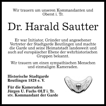 Anzeige von Harald Sautter von Reutlinger General-Anzeiger