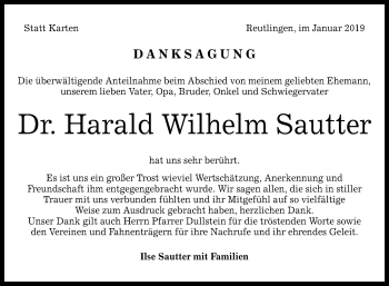 Anzeige von Harald Wilhelm Sautter von Reutlinger General-Anzeiger