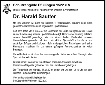 Anzeige von Harald Wilhelm Sautter von Reutlinger General-Anzeiger