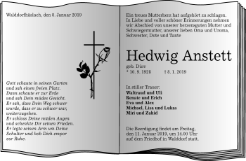 Anzeige von Hedwig Anstett von Reutlinger General-Anzeiger