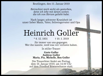 Anzeige von Heinrich Goller von Reutlinger General-Anzeiger