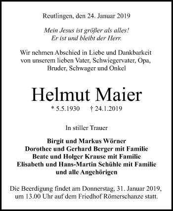 Anzeige von Helmut Maier von Reutlinger General-Anzeiger