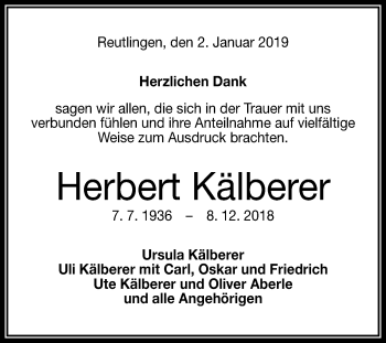 Anzeige von Herbert Kälberer von Reutlinger General-Anzeiger