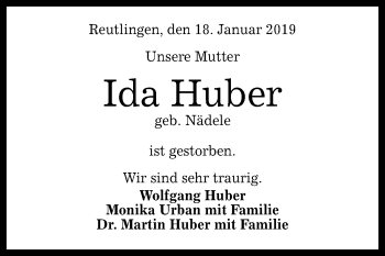 Anzeige von Ida Huber von Reutlinger General-Anzeiger
