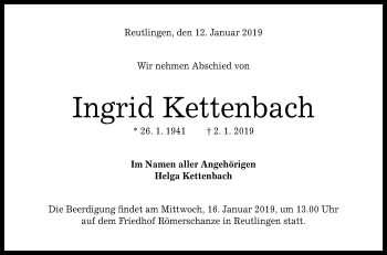 Anzeige von Ingrid Kettenbach von Reutlinger General-Anzeiger