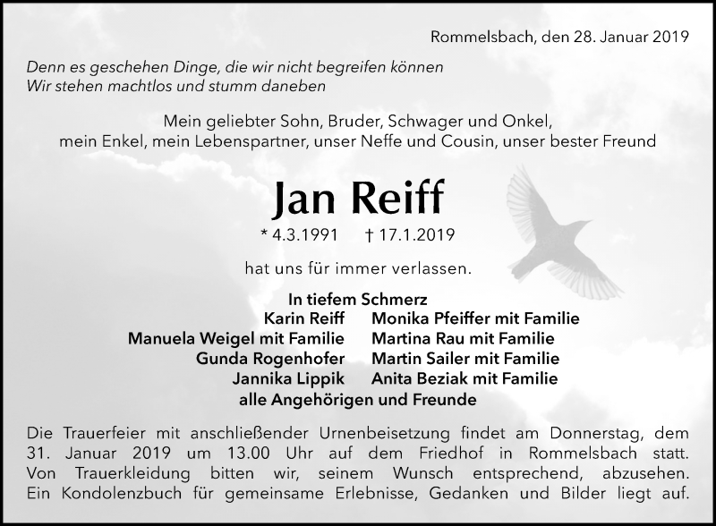  Traueranzeige für Jan Reiff vom 28.01.2019 aus Reutlinger General-Anzeiger