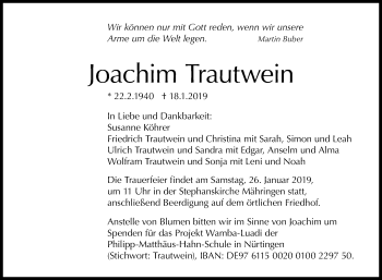 Anzeige von Joachim Trautwein von Reutlinger General-Anzeiger