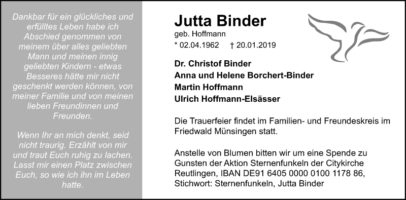  Traueranzeige für Jutta Binder vom 23.01.2019 aus Reutlinger General-Anzeiger