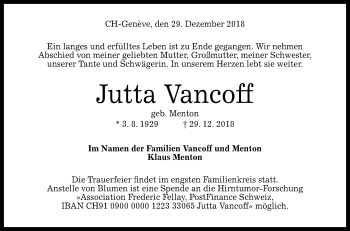 Anzeige von Jutta Vancoff von Reutlinger General-Anzeiger