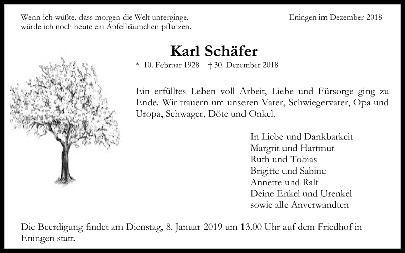  Traueranzeige für Karl Schäfer vom 03.01.2019 aus Reutlinger General-Anzeiger