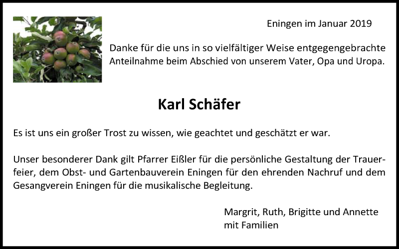  Traueranzeige für Karl Schäfer vom 19.01.2019 aus Reutlinger General-Anzeiger