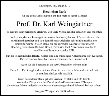 Anzeige von Karl Weingärtner von Reutlinger General-Anzeiger