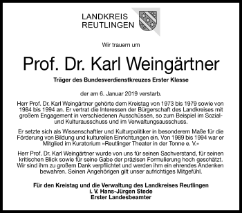 Anzeige von Karl Weingärtner von Reutlinger General-Anzeiger