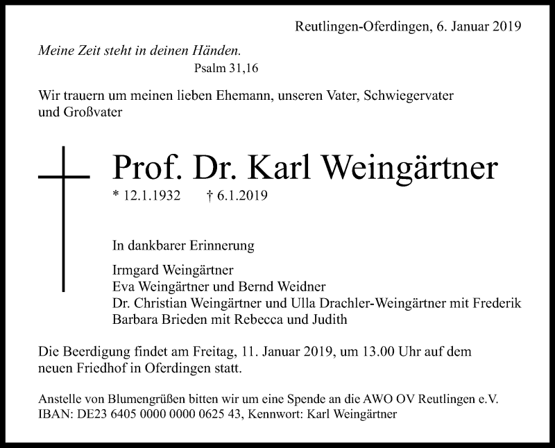  Traueranzeige für Karl Weingärtner vom 09.01.2019 aus Reutlinger General-Anzeiger