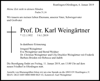 Anzeige von Karl Weingärtner von Reutlinger General-Anzeiger