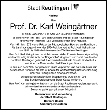 Anzeige von Karl Weingärtner von Reutlinger General-Anzeiger